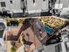 Aerial view of a single-Gathering home with a pool, patio, storage building, lush vegetation, and desert landscaping at 159 Coastal Pier Ct, Henderson, NV 89002