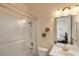 Modern bathroom featuring a glass-enclosed shower, a vanity with a sink, and stylish fixtures at 3540 Wisdom Ct, Las Vegas, NV 89120