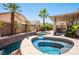Beautiful backyard with a pool, spa, palm trees, and mature landscaping, creating a private retreat at 7540 Flowing Stream Dr, Las Vegas, NV 89131