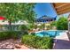 Backyard with mature trees and landscaping around sparkling blue pool with patio table and chairs at 3877 Platis Cir, Las Vegas, NV 89103