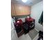 Functional laundry room features front-load washer and dryer with overhead cabinets for storage at 3975 N Hualapai Way # 246, Las Vegas, NV 89129