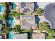 Overhead shot showcasing backyard pools, solar panels, lush landscaping, and upscale residential architecture at 7033 Twin Forks Peak St, Las Vegas, NV 89166