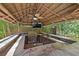 An outdoor tiki bar with built-in grill, a sink, stone countertop, a fan and a TV at 7033 Twin Forks Peak St, Las Vegas, NV 89166
