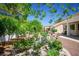 Picturesque backyard with lush rose bushes, flowering plants, and mature trees, creating a tranquil outdoor space at 9704 Brawley Dr, Las Vegas, NV 89134