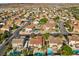 Wide aerial shot showcases a neighborhood with multiple residences, pools, and well-maintained landscaping at 249 Cinnamon Ridge Way, Henderson, NV 89015