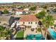 Aerial shot shows the backyard oasis, complete with pool, well maintained landscape and patio at 249 Cinnamon Ridge Way, Henderson, NV 89015
