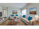 Bright living room featuring neutral walls, sofas with blue accent pillows, and natural light at 4990 River Glen Dr # 171, Las Vegas, NV 89103