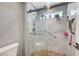 Walk-in shower with a rainfall shower head and pebble tile floor at 2456 Desert Butte Dr, Las Vegas, NV 89134