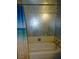 Bathroom with shower and blue patterned wallpaper and shower curtain at 3175 Palmdale St, Las Vegas, NV 89121