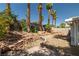Expansive backyard featuring rock steps, mature trees, and desert landscaping at 3414 Drescina Way, North Las Vegas, NV 89031