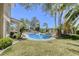 Lush backyard with a sparkling pool and spa, accentuated by mature palm trees and a well-maintained lawn at 9905 Fox Springs Dr, Las Vegas, NV 89117
