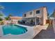 Backyard featuring a pool, covered patio, lush landscaping, and providing an ideal space for outdoor entertainment at 1048 Menands Ave, Las Vegas, NV 89123
