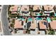 Overhead view of houses with pools, solar panels, and manicured yards in a tidy neighborhood at 1877 Glory Lily Ct, Las Vegas, NV 89123