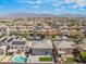 A bird's-eye view showing a backyard with a pool, artificial turf, and mountain views at 2625 Cattrack Ave, North Las Vegas, NV 89081