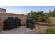 Small brick patio with outdoor grills, surrounded by greenery, ideal for barbecues and outdoor cooking at 6413 White Tiger Ct, Las Vegas, NV 89130