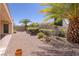 A well kept backyard with palm trees, desert landscaping, and a block wall at 2131 Waterton Rivers Dr, Henderson, NV 89044