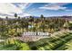 Aerial view of Rhodes Ranch community showcasing lush landscaping, palm trees and a lake feature at 261 Fairway Woods Dr, Las Vegas, NV 89148