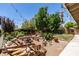 Charming backyard with mature trees, string lights, a fire pit, and wooden benches for outdoor enjoyment at 6109 Sandstone Mesa Dr, Las Vegas, NV 89130