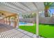Covered patio and pool area featuring synthetic grass and a pergola at 7619 Comanche Canyon Ave, Las Vegas, NV 89113