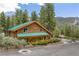 Charming log cabin-style home with a green roof, nestled in a wooded area with mountain views at 401 Alpine Way, Mount Charleston, NV 89124