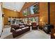 Cozy living room with log walls, large windows, and comfortable seating, showcasing rustic charm at 401 Alpine Way, Mount Charleston, NV 89124