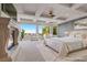 Staged main bedroom with a fireplace, coffered ceilings, sitting area, and beautiful view from large windows at 73 Kittansett Loop, Henderson, NV 89052
