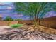 Private backyard featuring a paved patio, lush lawn, and desert landscaping under colorful skies at 7733 Harthill Park Ave, Las Vegas, NV 89113