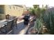 Inviting backyard features a brick patio, a grill, and a garden with various plants and cacti at 1504 Andrew David Ave, North Las Vegas, NV 89086