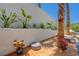Backyard with mature trees, seating, lush plants and stucco wall in a desert landscape at 189 Andada Dr, Henderson, NV 89012