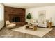 Staged living room features a cozy brick fireplace and neutral decor, creating a comfortable space at 2903 Hardin Dr, Henderson, NV 89074