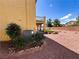 Side angle showing the stucco siding, small bushes, and a covered patio in the backyard at 3412 Catherine Mermet Ave, North Las Vegas, NV 89081