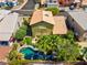 Aerial view of a private backyard oasis featuring a sparkling pool, lush landscaping, and outdoor seating areas at 9909 Masked Duck Ave, Las Vegas, NV 89117