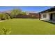 Expansive backyard with lush artificial grass, xeriscaping, and a wall for privacy and mountain views at 10349 Bressana Dr, Las Vegas, NV 89135