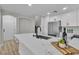 Modern kitchen features a large island with a sink, stainless steel appliances, and white cabinets at 10373 Midnight Iris St, Las Vegas, NV 89183