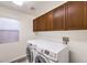 Laundry area featuring wood cabinets, a window and a modern washer and dryer at 11219 Playa Bonita Ave, Las Vegas, NV 89138