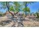 Shaded backyard with mature trees, rock accents, shed, and comfortable outdoor seating area at 1705 Westwind Rd, Las Vegas, NV 89146