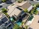 High-angle shot of a house showcasing the backyard pool, patio area, and surrounding neighborhood landscape at 1870 Desert Forest Way, Henderson, NV 89012