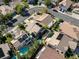 Wide aerial shot exhibiting a neighborhood with various home styles and backyard swimming pools, creating a sense of community at 1870 Desert Forest Way, Henderson, NV 89012