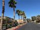 The community's entrance features palm trees, lush landscaping, and well-maintained roadways at 664 Forest Peak St, Henderson, NV 89011