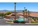 Aerial view of the community pool and clubhouse with palm trees at 731 Appletree Ln, Mesquite, NV 89027