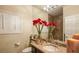 Bathroom featuring a window with white blinds, decorative flowers, a sink, and a mirror at 11241 Pentland Downs St, Las Vegas, NV 89141