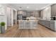 Modern kitchen featuring a center island with seating, gray cabinets, and stainless steel appliances at 12457 Sunset Sage Ave, Las Vegas, NV 89138