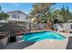 Private backyard pool with a basketball hoop and mature palm trees creates an oasis for relaxation and entertainment at 9449 Amber Valley Ln, Las Vegas, NV 89134