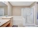 Well-lit bathroom featuring a shower, soaking tub, sink, and neutral wall colors at 967 Coronado Peak Ave, Las Vegas, NV 89183