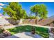 Landscaped backyard featuring a manicured lawn, concrete patio, trees, and block wall at 10413 Rising Harbor Ave, Las Vegas, NV 89129