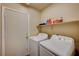 Bright laundry room features a washer, dryer, shelf, and a door for convenient access at 5004 Ironhorse Ranch Ave, Las Vegas, NV 89131