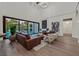 Bright living room featuring sleek hardwood floors and a seamless transition to the outdoor pool area at 11906 Port Labelle Dr, Las Vegas, NV 89141