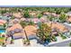 Expansive aerial view of homes with terracotta roofs, lush landscaping, swimming pools, and city skyline in the distance at 2752 Devita Cir, Las Vegas, NV 89117