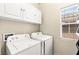 Convenient laundry room with a washer, dryer, and storage cabinets for organization at 3169 Crystal Moon Rd, Henderson, NV 89052