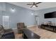 Bright blue living room showcases wood-look floors and a comfortable gray seating arrangement at 59 N Christy Ln, Las Vegas, NV 89110